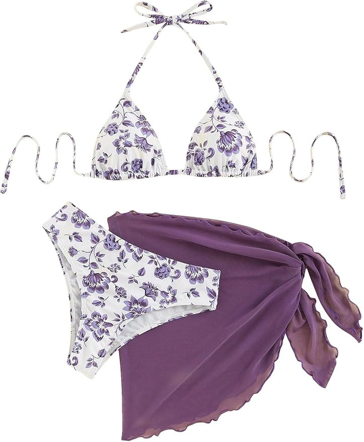 SOLY HUX Bikini Sets for Women 3 Piece Floral Print Halter Triangle Bathing Suit Swimsuit with Sa... | Amazon (US)