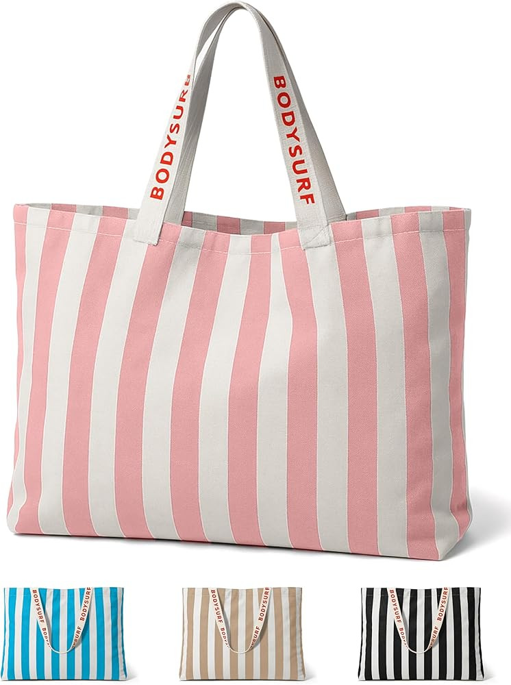 Bodysurf Canvas Tote Bag, Striped Bag with Open Top and Zippered Pocket, Lightweight Everyday Tot... | Amazon (US)