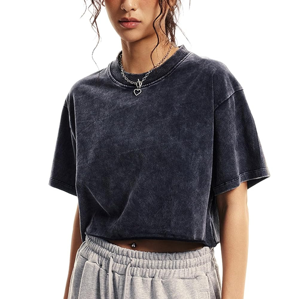 Womens Oversized Vintage T Shirts Casual Cropped Tees Short Sleeve Cotton Acid Wash Tops Summer G... | Amazon (US)