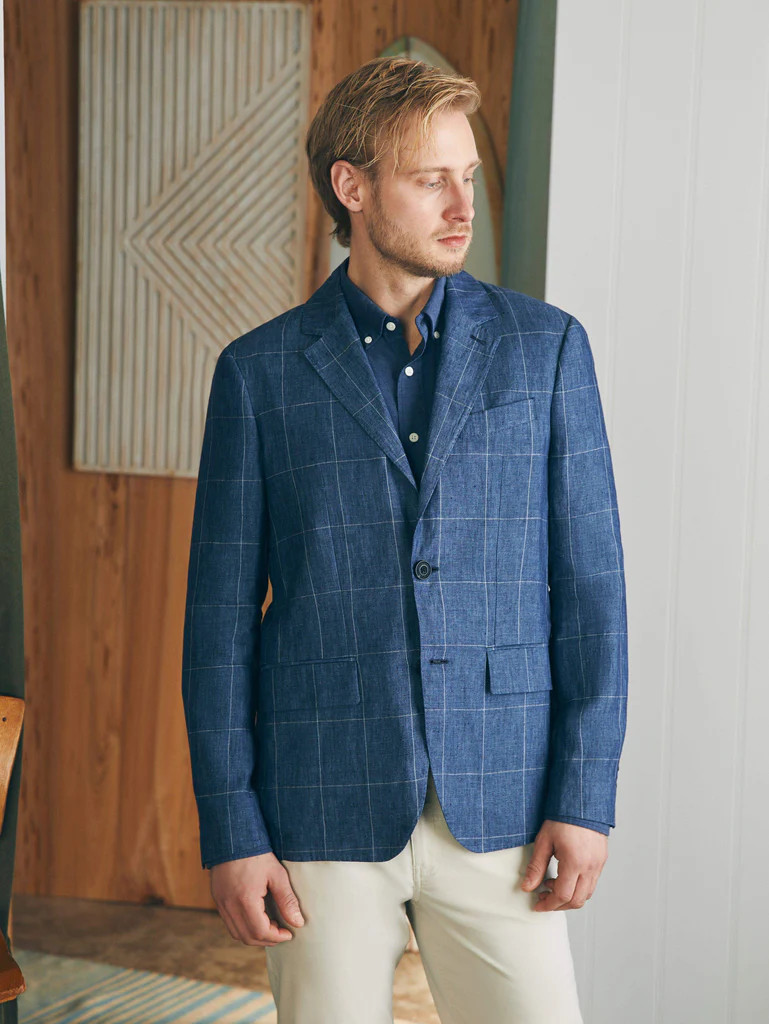 Reserve Linen Windowpane Blazer - Blue Steel Plaid | Faherty