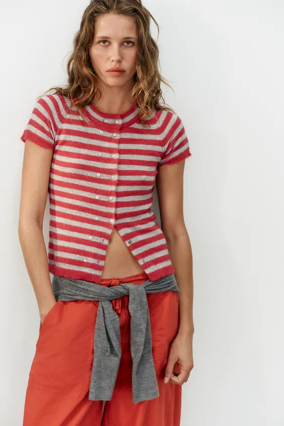 STRIPED SHORT-SLEEVE CARDIGAN | Zara DE