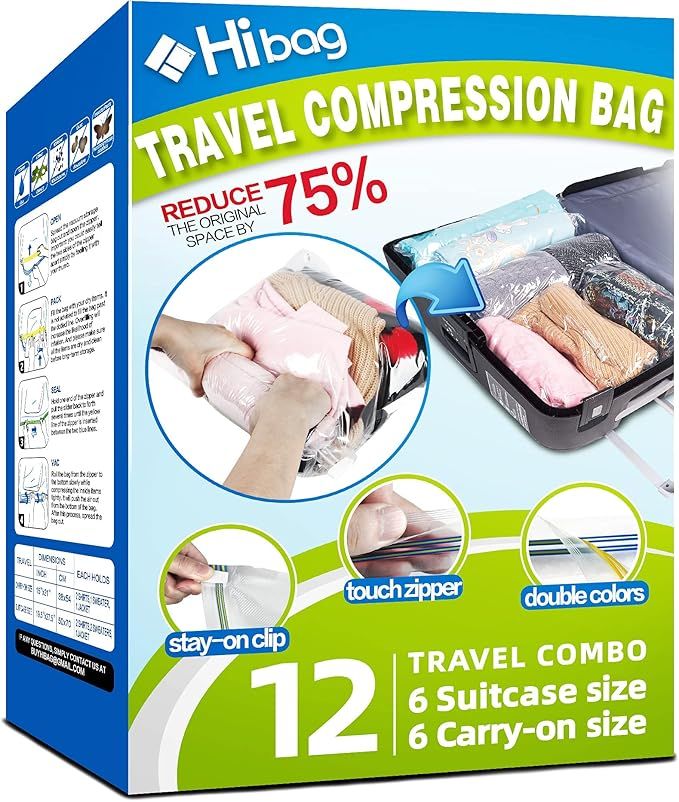 HIBAG 12 Compression Bags for Travel, Travel Essentials Compression Bags, Vacuum Packing Space Sa... | Amazon (US)