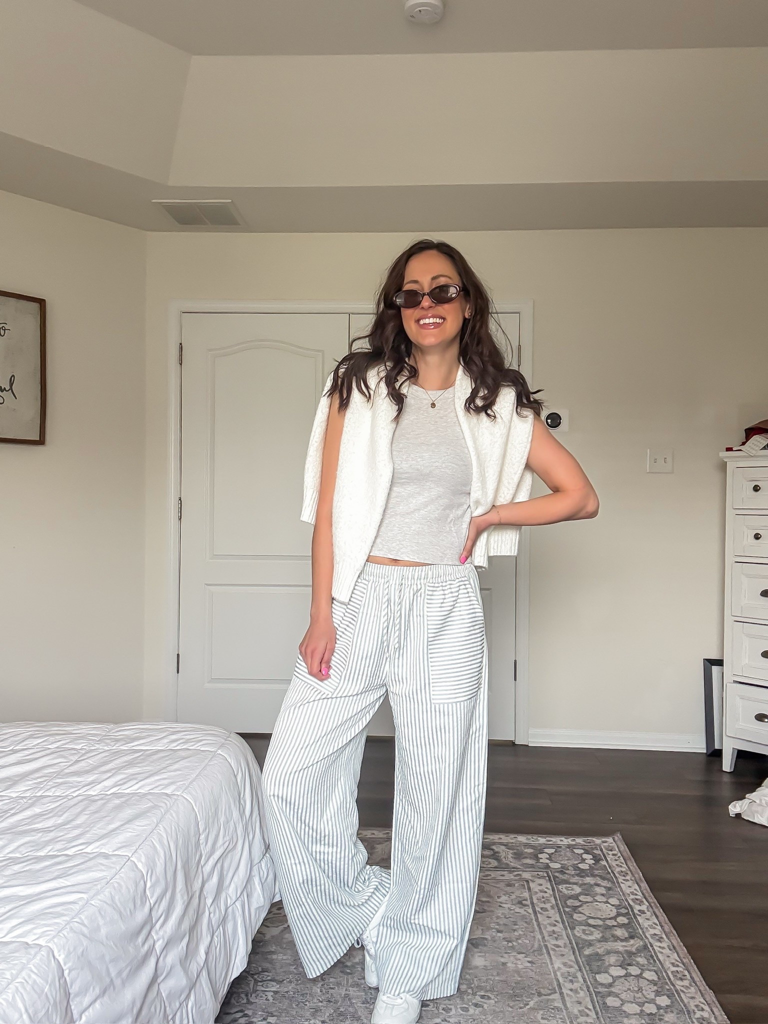 Cute mom outfit with striped drawstring pants, fitted tank, and cardigan to layer

#LTKootd #LTKmomlife #LTKSeasonal