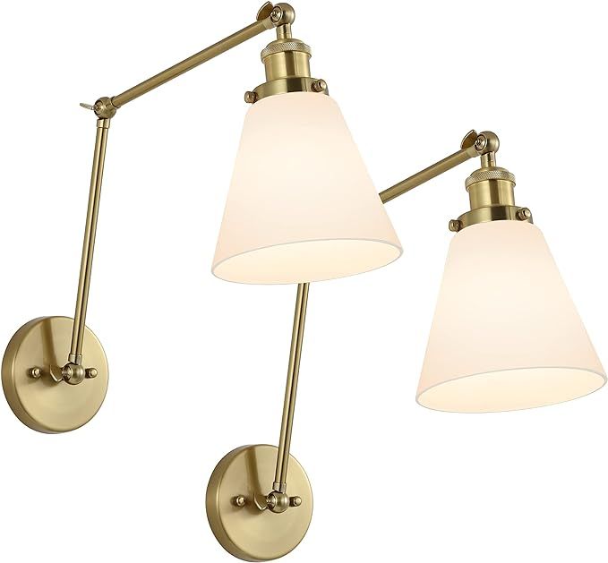 WINGBO Swing Arm Adjustable Wall Lamps Set of 2 Brass Hardwired Light Fixture Up Down White Milk ... | Amazon (US)