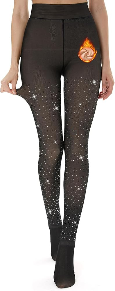 Bonuci 1 Pair Sparkly Winter Fleece Lined Tights for Women Glitter Rhinestone Fake Translucent Wa... | Amazon (US)
