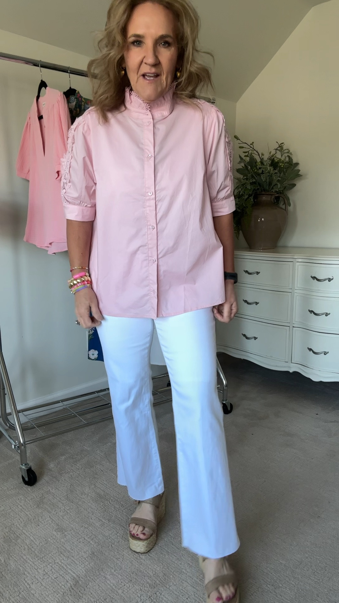 Ooooo this blouse is pretty. Also comes in light blue. Wearing size large. I think your reg size would fit. The details are beautiful. 
Jeans size 29 
15% off code NANETTE15
Shoes are Avara too. I sized down tons 9 from a 9.5 

Pink blouse Easter white jeans spring fashion spring break 

#LTKFindsUnder100 #LTKOver40 #LTKSeasonal