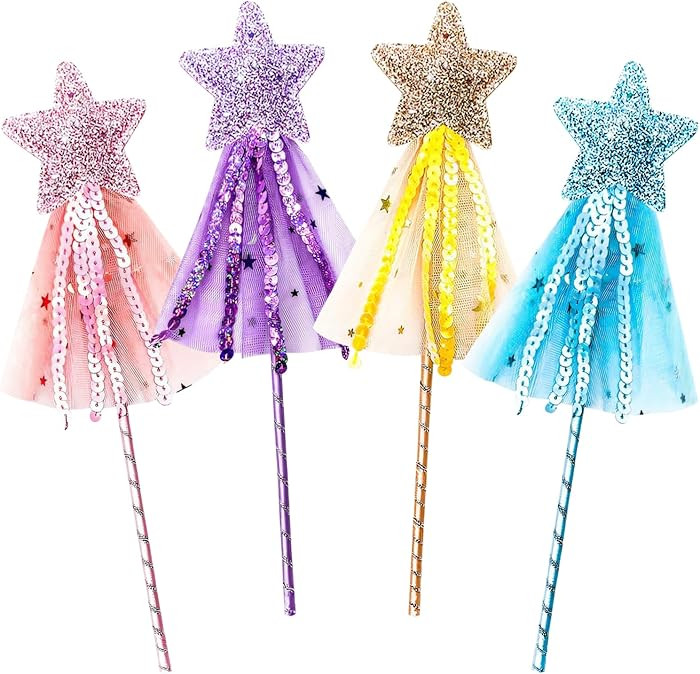 4Pcs Glitter Fairy Wand, Princess Wands for Little Girls, Angel Fairy Star Wand Princess Costume ... | Amazon (US)