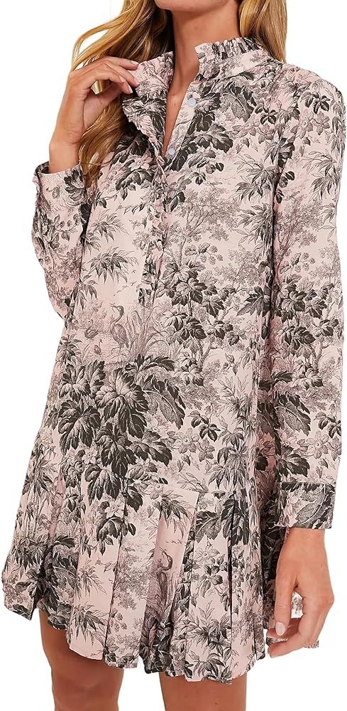Women Floral Mini Dress Long Sleeve Stand Collar Button Up Elegant Work Swing Short Pleated Dress | Amazon (US)