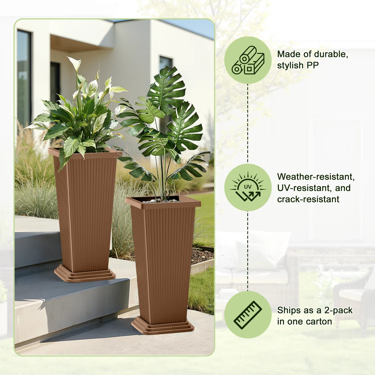 Set of 2 Large Tall Planter for Indoor or Outdoor - 24 inch Planter with Tray for Porch, Tall Out... | Wayfair North America