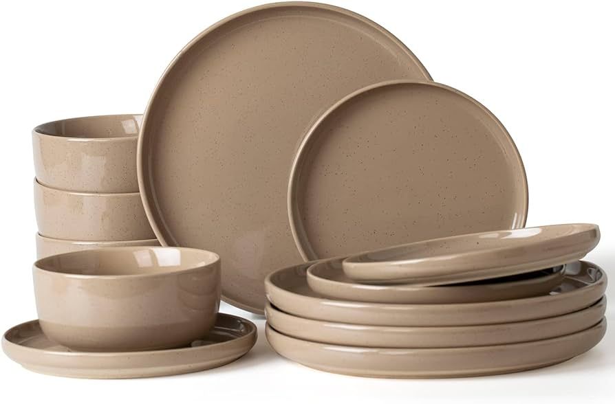 Famiware Milkyway Plates and Bowls Set, 12 Pieces Dinnerware Sets, Dishes Set for 4, Cinnamon Brown | Amazon (US)
