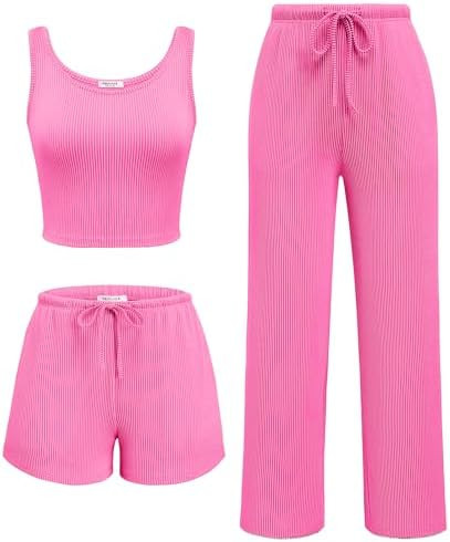 Ekouaer Women's 3 Piece Lounge Set Ribbed Soft Pajama Set Crop Tank Top and Shorts&Pants Vacation... | Amazon (US)