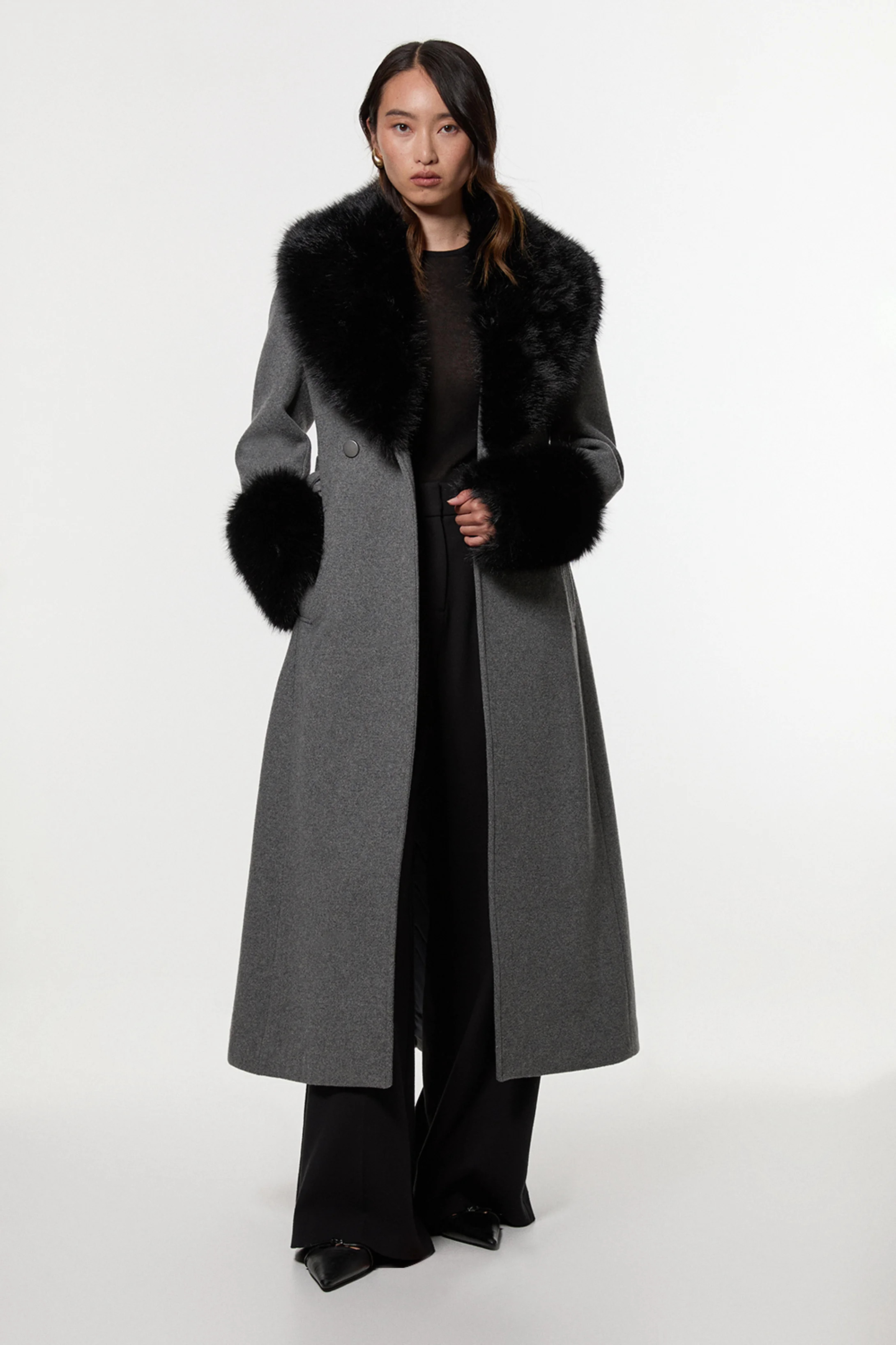 Wool Blend Detachable Faux Fur Belted Midi Coat | Karen Millen UK + IE + DE + NL