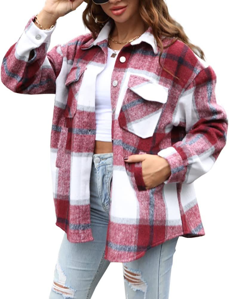 Womens Casual Flannel Wool Blend Plaid Lapel Button Down Long Sleeve Shacket Jacket Coat Winter L... | Amazon (US)