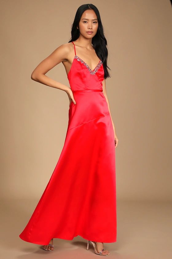 In My Fantasy Red Satin Rhinestone Maxi Dress | Lulus (US)