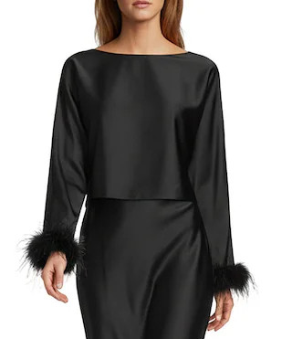 Antonio Melani Blyss Drapey Satin Boat Neck Long Sleeve Feather Cuff Blouse - M | Dillard's