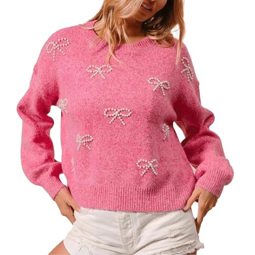 Bow Sweater for Women Bow with Pearl Knitwear Cute Sweater Pink Bow Sweater Long Sleeve Valentines Day Sweater | Amazon (US)