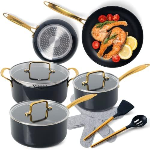 Black and Gold Pots and Pans Set Nonstick - 15 Piece Luxe Black Pots and Pans Set - Induction Com... | Amazon (US)