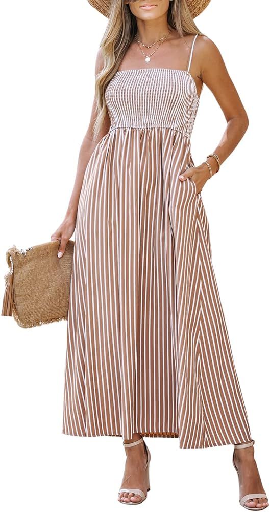 CUPSHE Women's Striped Smocked Sleeveless Dress Pockets Formal Dress Maxi Cami Straps Dress | Amazon (US)