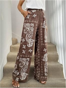 RoseSeek Women's Boho Paisley Wide Leg Pants Palazzo Vacation Trousers | Amazon (US)