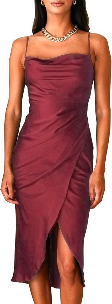 Tsher Women's Cowl Neck Spaghetti Strap Satin Wedding Guest Party Dress Cocktail Evening Backless... | Amazon (US)