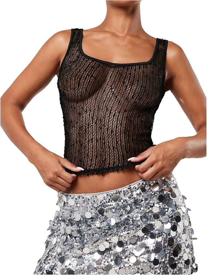 SweatyRocks Women's See Through Sheer Tank Top Sleeveless Scoop Neck Knitted Crop Tops | Amazon (US)