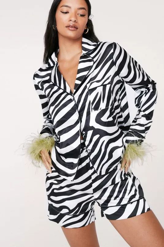 Zebra Satin Feather Shirt and Shorts Pajama Set | Nasty Gal (US)