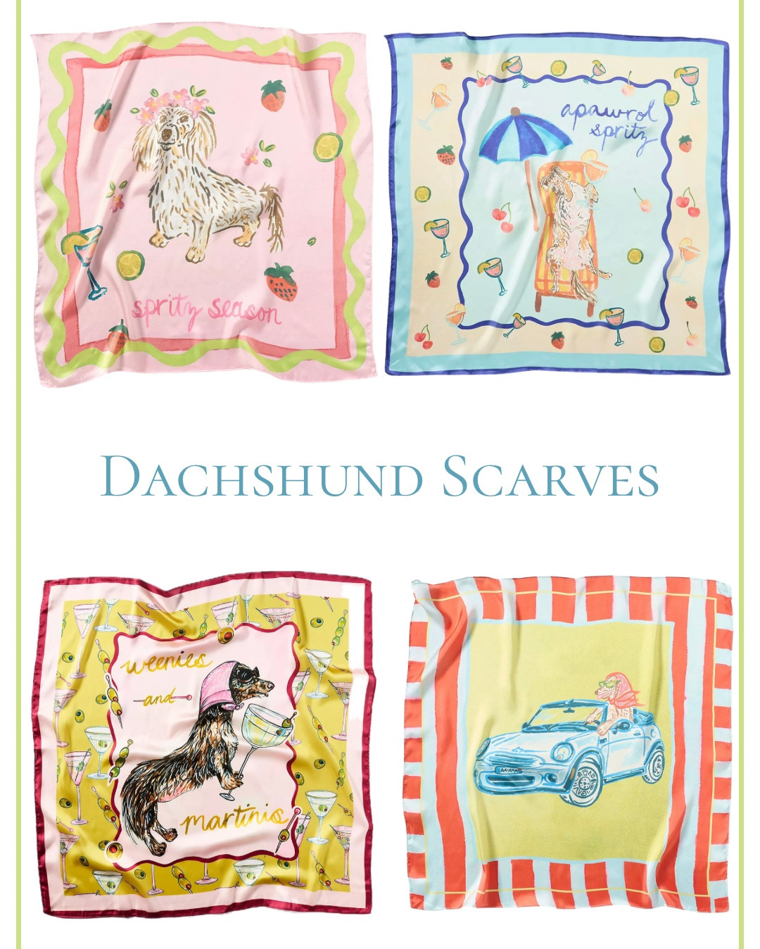Some new dachshund scarves! Perfect for summer!

All scarves linked below (come in 2-packs with 2 designs)

.

.

.

.

(Dachshund finds, hair scarf, Italian summer, dachshund fashion, dachshund accessories, dachshund silk scarf, Aperol spritz, spritz season, dachshund gifts, dachshund mom, gifts for dachshund lovers, dachshund gift ideas, anthropologie dachshund finds, anthropologie dachshund scarf, dog mom, dog scarf, dog scarves, summer fashion, spring fashion, hair scarves, #dachshund #scarf #silkscarf #anthropologie #dachshundfinds )

#LTKTravel #LTKBeauty #LTKSeasonal