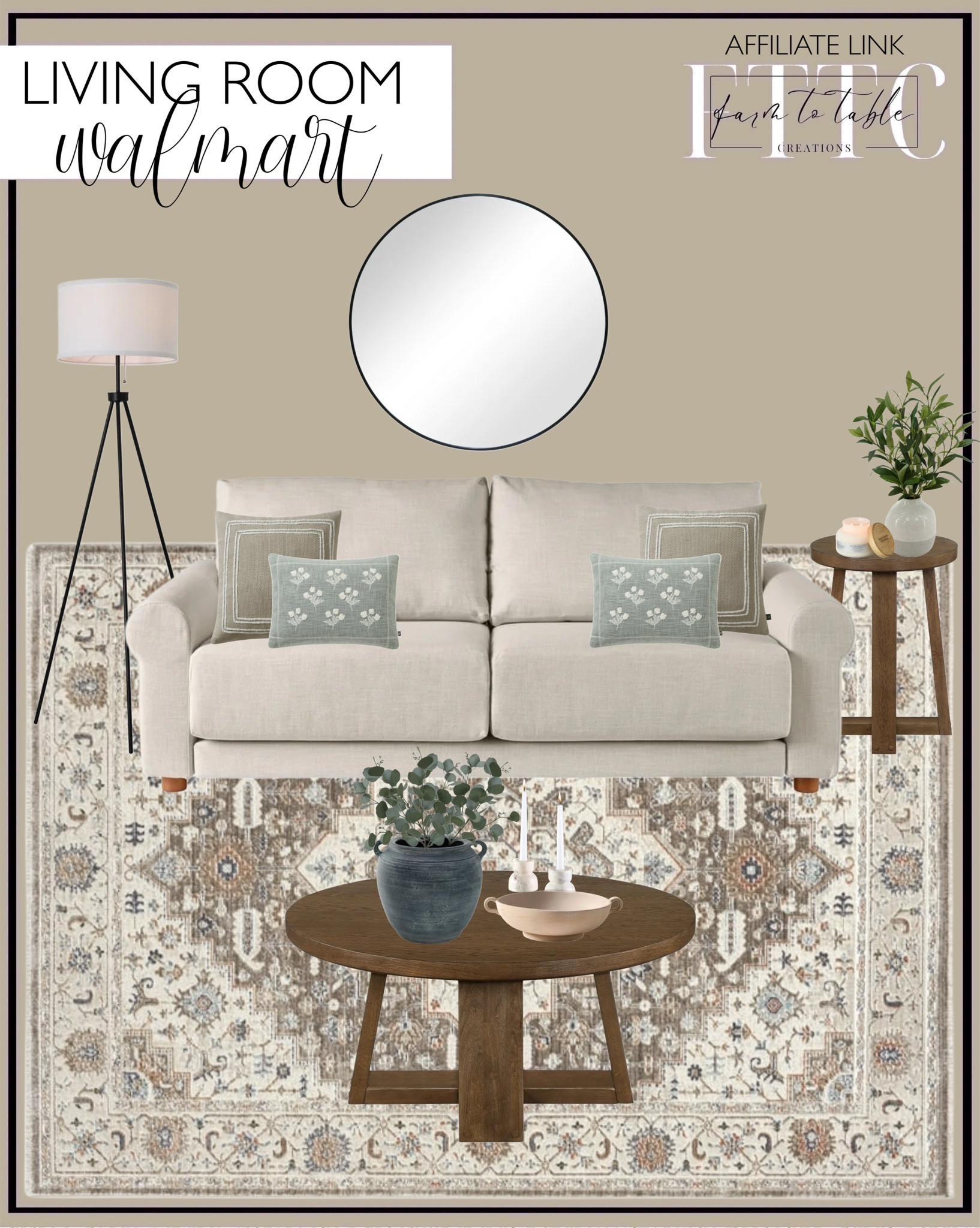 Walmart Curated Collection. Follow @farmtotablecreations on Instagram for more inspiration.

Better Homes & Gardens Ezra Coffee Table. Mainstays 58" Black Metal Tripod Floor Lamp. Ezra End Table. Better Homes & Gardens Owen 87.6" Rolled Arm Sofa, Effie Linen. Better Homes & Gardens Medallion Indoor Area Rug. Better Homes & Gardens Wall Mirror Round. Better Homes & Gardens 9.75" Ceramic Low Stone Distressed Bowl, Taupe. Signature Design by Ashley Meadie Vase, Distressed Blue. Mainstays Artificial Green Round Leaf Eucalyptus Stem, 34in Tall Floral Picks. My Texas House 18" x 18" Kelina Taupe Woven Cotton Decorative Pillow. My Texas House 14" x 20" Ditsy Floral Dusty Green Reversible Cotton Decorative Pillow Cover. Better Homes & Gardens 14in Indoor Artificial Olive Plant in 2-Tone Ceramic Vase. Better Homes & Gardens 18oz Salted Coconut Mahogany Scented 2-Wick Bell Jar Candle. Better Homes & Gardens 3" Decorative Modern Marble Taper Votive Candle Holders, Set of 2. Taper Candles. 

Curated Entryway | Winter Decor | End of Year Clearance | Trending Decor | Viral Decor | Amazon Holiday | Christmas | Christmas Table | Tablescape | Christmas Tree | Bedroom corner | Coffee Table Decor | Neutral Decor | Fall Stem Sale | Target Finds | Skinny Bench | Bedroom | Living Room | Breakfast Nook | Amazon Home | Target Sale | Loloi Rugs | Magnolia Home | console table | console table styling | faux stems | entryway space | front porch decor | neutral decor | entryway decor | cozy home | affordable decor |  home decor | home inspiration | Christmas stems | Christmas console | Christmas vignette | christmas decor | fall decorations | console styling | entryway rug | cozy moody home | moody home decor | neutral home | bathroom decor | tree ornaments | living room


#LTKSaleAlert #LTKFindsUnder50 #LTKHome