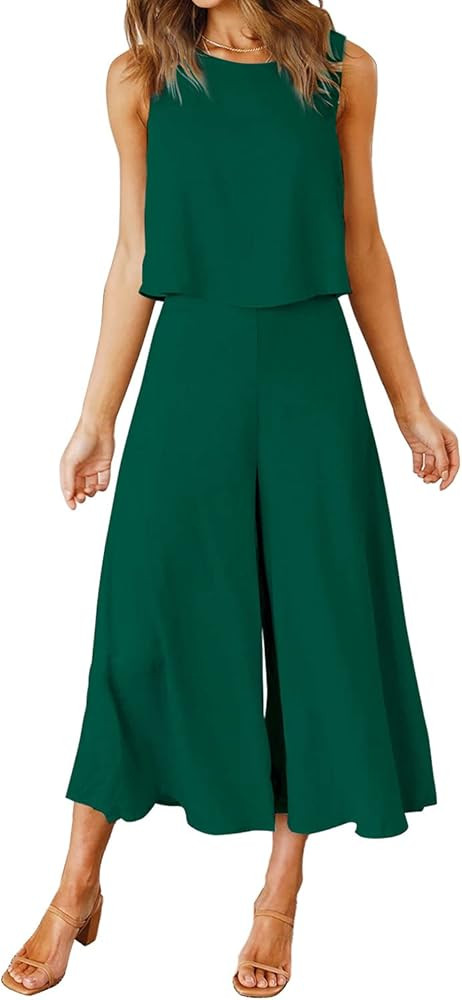 ROYLAMP Women's Summer 2 Piece Outfits Round Neck Crop Basic Top Cropped Wide Leg Pants Set Jumpsuit | Amazon (US)