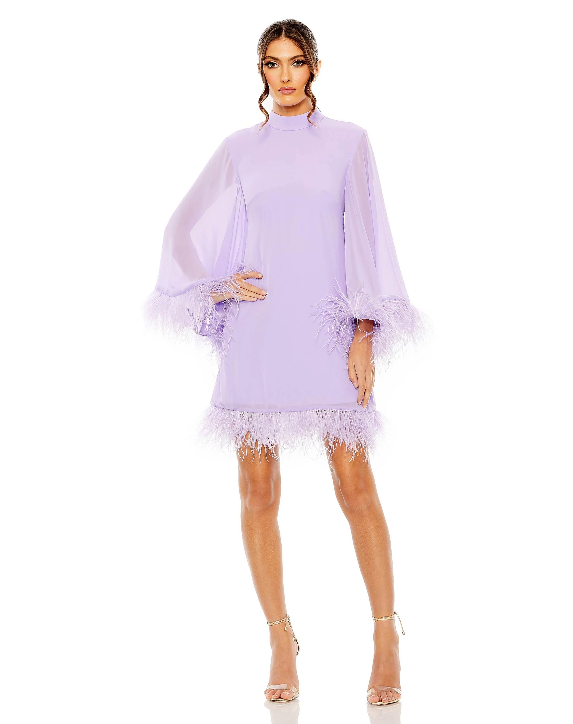 High Neck Cape Sleeve Mini Dress with Feather Trim | Mac Duggal