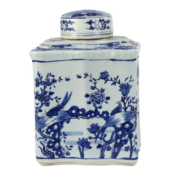 Blue & White Curved Tea Jar Bird Floral Design | Scout & Nimble
