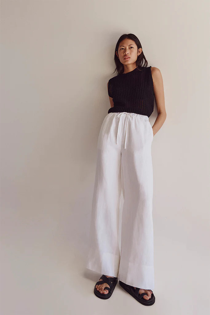 GINA WHITE LINEN ELASTIC WAIST PANT | DISSH