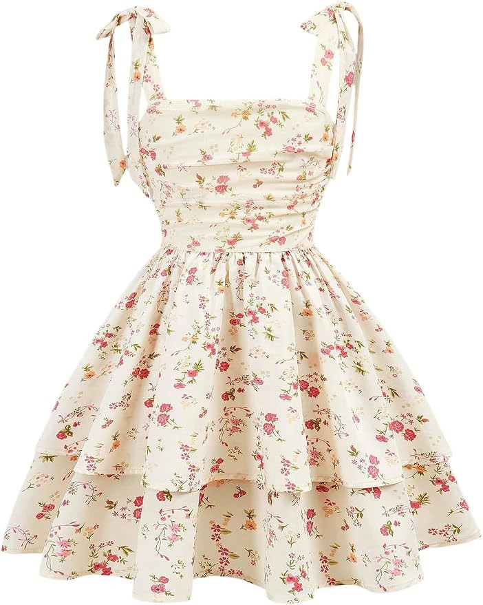 Floerns Girl's Floral Tie Shoulder Cami Dress Ruched Layered Ruffle Hem Short Dresses | Amazon (US)