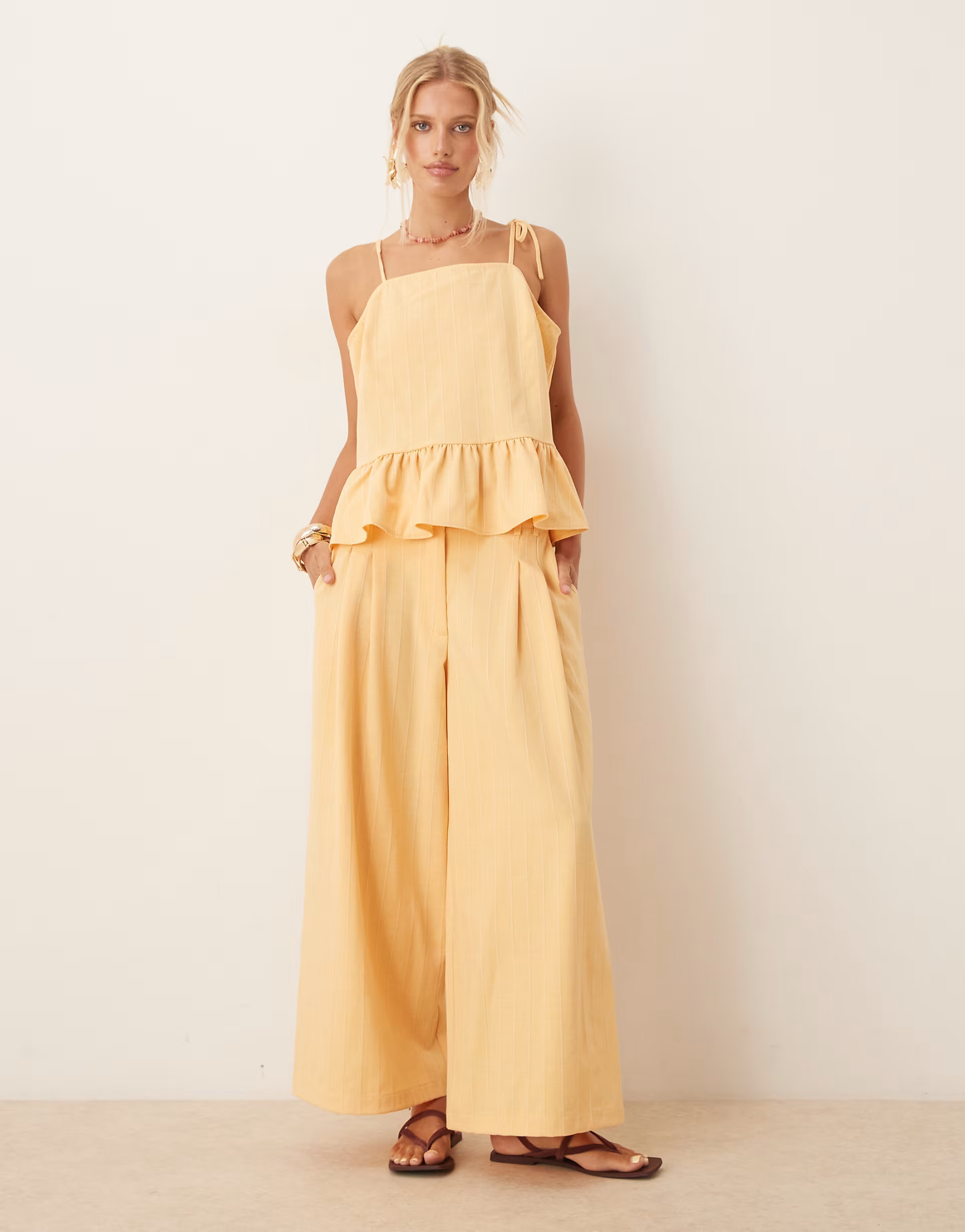 ASOS DESIGN tailored low rise wide leg trousers with seam detail co-ord in yellow stripe | ASOS (Global)