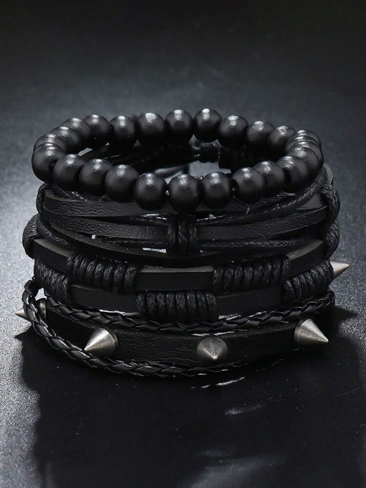 4pcs/Set Punk Style Personality Black Woven Leather Rivet Zinc Alloy Decorated Bracelet, Suitable For Men Daily Wear, Ideal As Festival Gift | SHEIN