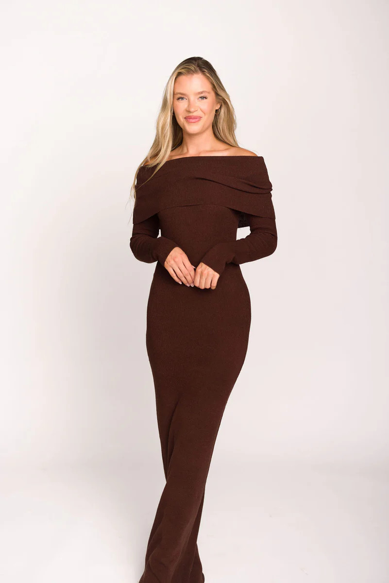 Winona Off-the-Shoulder Knit Maxi Dress in Espresso | Worth Collective