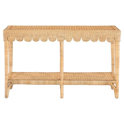 Anissa Coastal Beach Natural Woven Rattan Rectangular Scalloped Console Table | Kathy Kuo Home