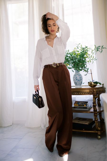 Love the look of these wide leg brown satin pants. I accidentally bought them a size too big, but I ended up loving the feel of them a bit loose. 

#LTKSpringSale #LTKfindsunder100