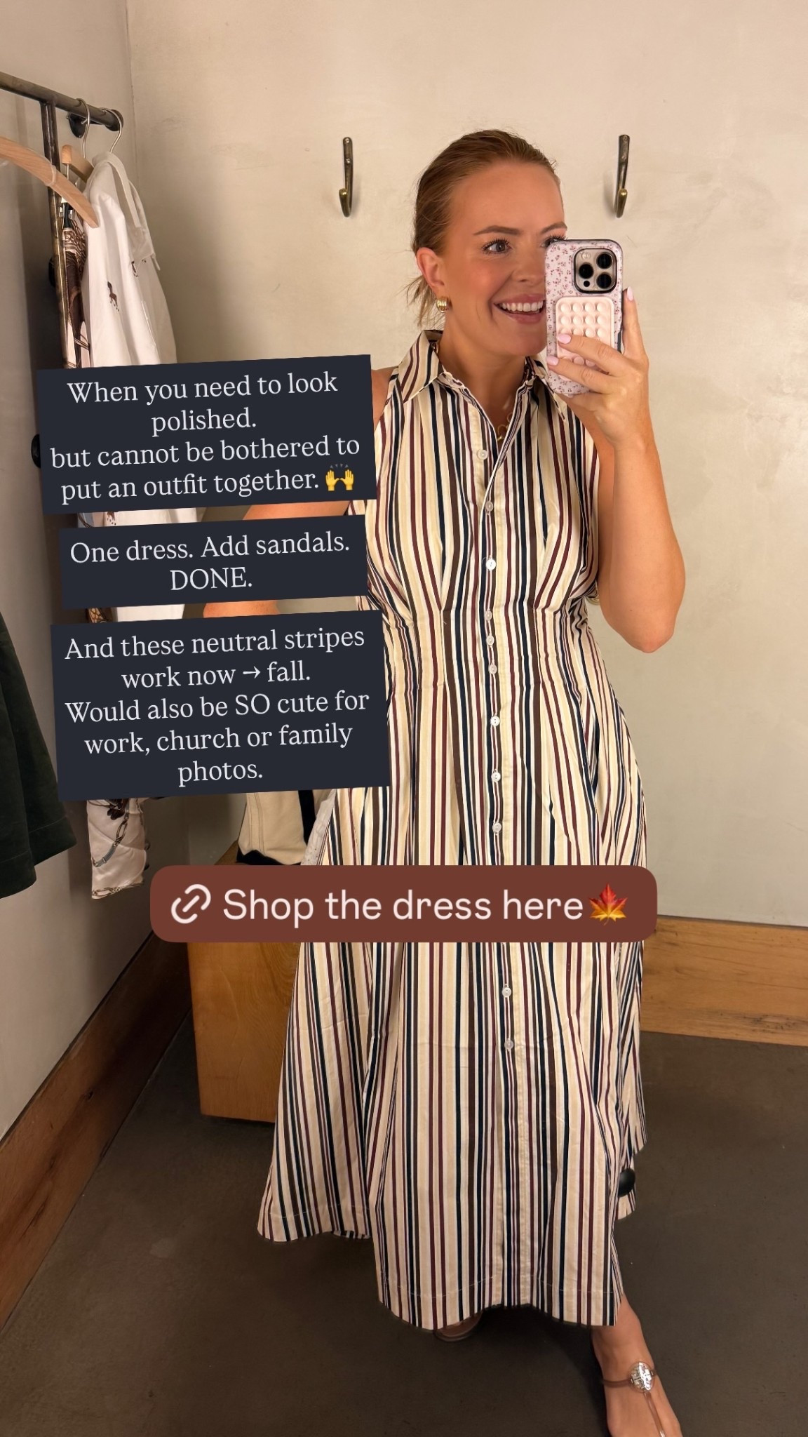 When you need to look polished…
but cannot be bothered to put an outfit together. 🙌

One dress. Add sandals. DONE.

And these neutral stripes work now → fall.
Would also be SO cute for work, church or family photos.