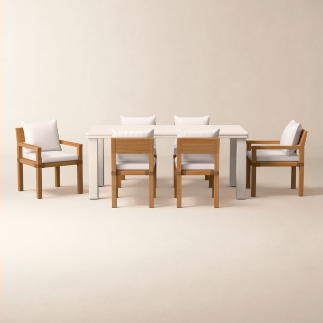 Oakley 72"" Faux Limestone Indoor/Outdoor Dining Table Set with Ivory Sunbrella® Cushions | CB2