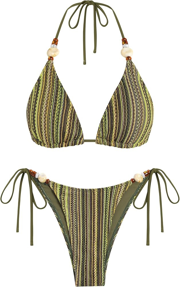 ZAFUL Women's Bikini Sets Beads Triangle Swimsuits 2 Piece String High Cut Cheeky Bathing Suits | Amazon (US)