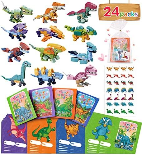 24 Packs Valentines Day Gifts for Kids Classroom-Dinosaur Building Blocks with Valentines Day Car... | Amazon (US)