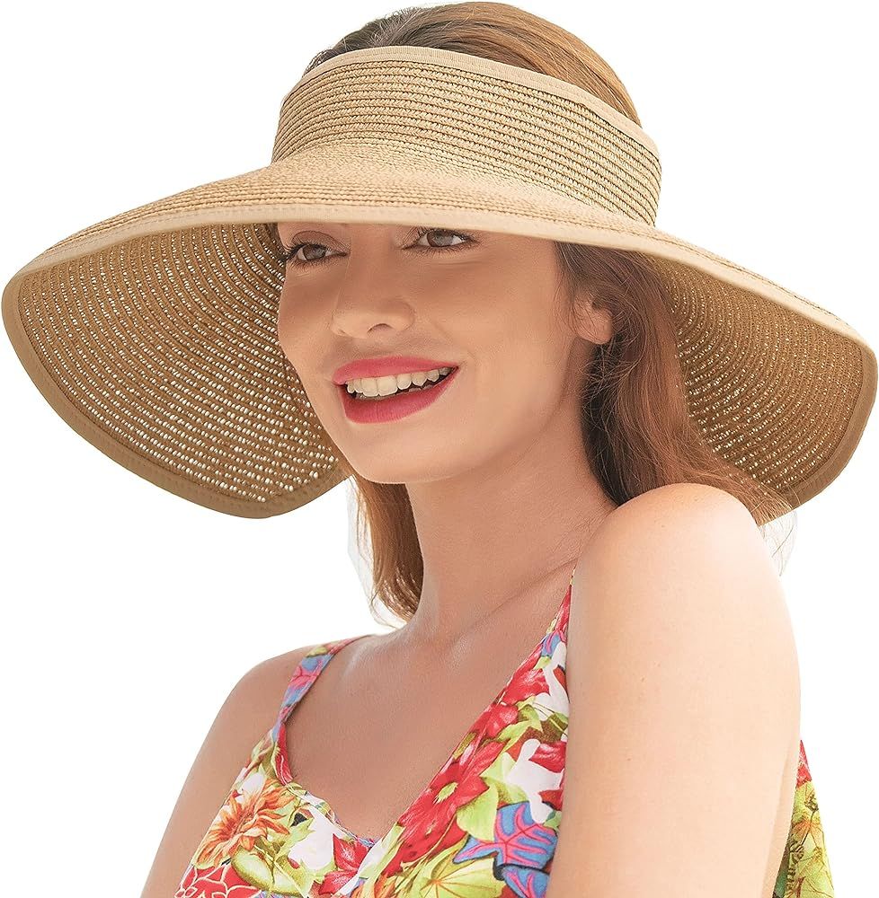Sun Visors for Women Wide Brim Straw Hat Women Beach Visor Hats for Women Uv Protection Foldable Sun | Amazon (US)