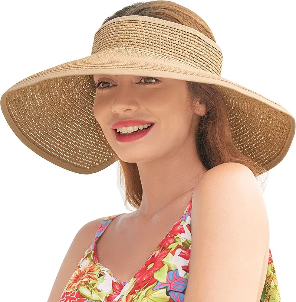 Sun Visors for Women Wide Brim Straw Hat Women Beach Visor Hats for Women Uv Protection Foldable ... | Amazon (US)