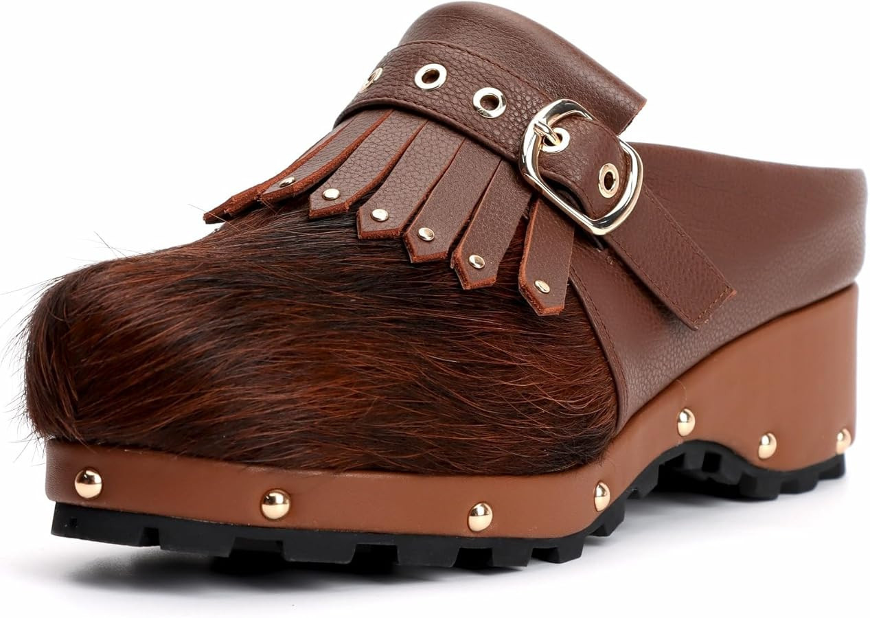 XOBZJH Women's Cowhide Platform Clogs – Calf Hair & Leather Patchwork Mules with Rivets, Arch S... | Amazon (US)