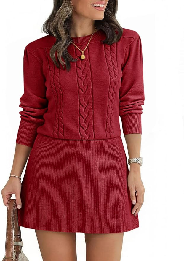 Saodimallsu Womens Puff Long Sleeve Sweater Dress Cable Knit A Line Crew Neck Fall Casual Flare M... | Amazon (US)