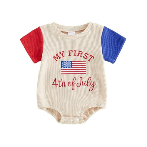 Dobeiokal 4th of July Baby Boy Outfit American Flag Onesie Letter Short Sleeve Bubble Romper Waffle Bodysuit Cute Baby Boy 4th of July Outfit(B-Beige,3-6 Months) | Amazon (US)