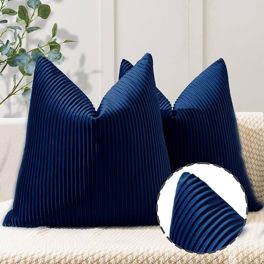 YCOLL Navy Blue Pillow Covers 20x20 Set of 2 Velvet Striped Pattern - Soft Throw Pillows for Home... | Amazon (US)