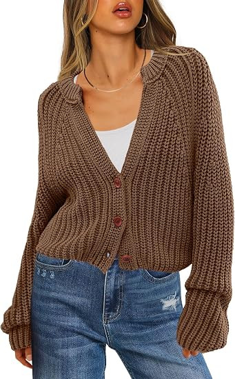ReachMe Womens Chunky Cable Knit Cardigan Sweaters Long Sleeve Open Front Cropped Cardigan V Neck... | Amazon (US)