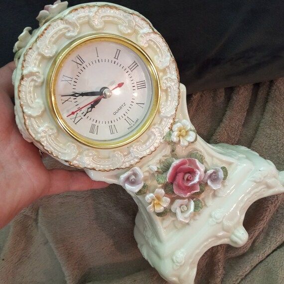 Vintage white Victorian style ceramic Mantel Clock Dolgencorp Quartz w Flowers | Etsy (US)